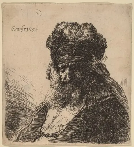 Old Bearded Man in a High Fur Cap, with Eyes Closed, by Rembrandt