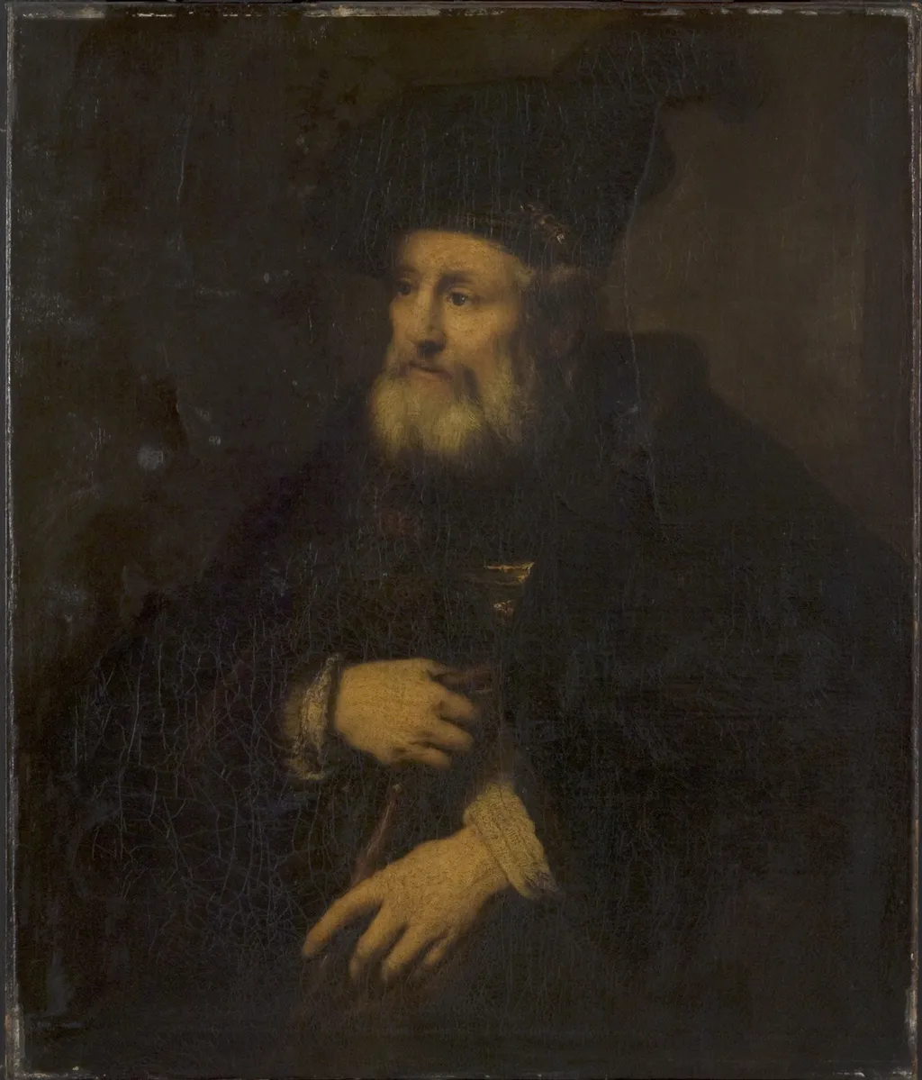 Old Man in Fanciful Costume Holding a Stick, by Rembrandt, oil