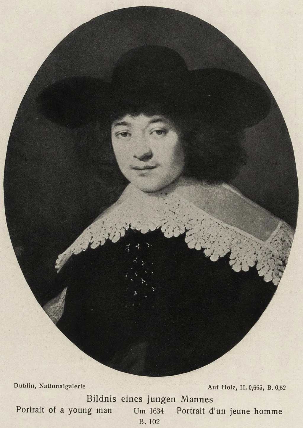 Oval portrait of a man wearing a split-sleeve jacket with flat lace collar and broad-brimmed hat, by Rembrandt, oil, 1634