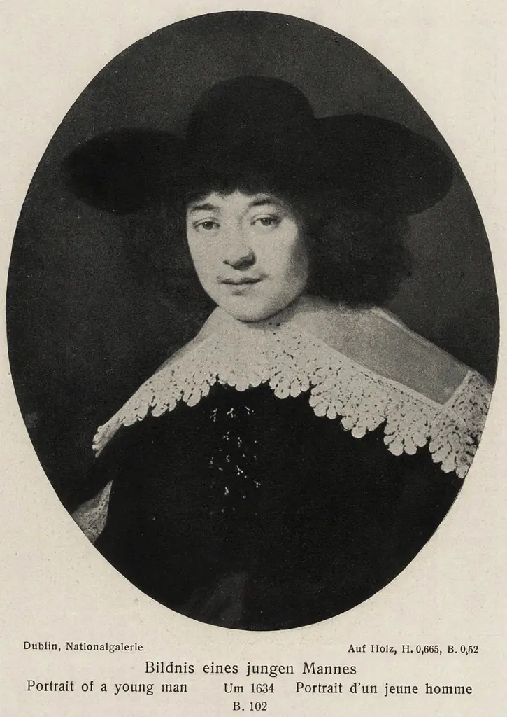 Oval portrait of a man wearing a split-sleeve jacket with flat lace collar and broad-brimmed hat
