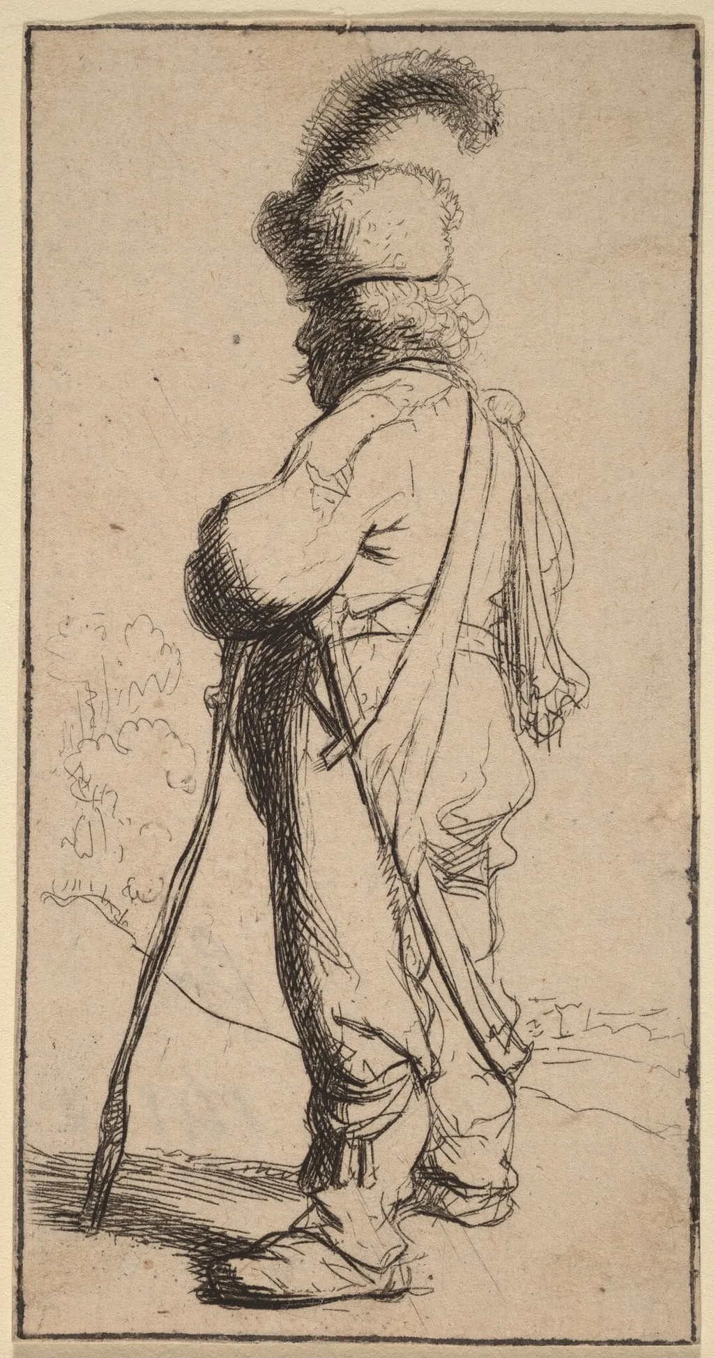 Polander Leaning on a Stick, by Rembrandt, ink, 1632