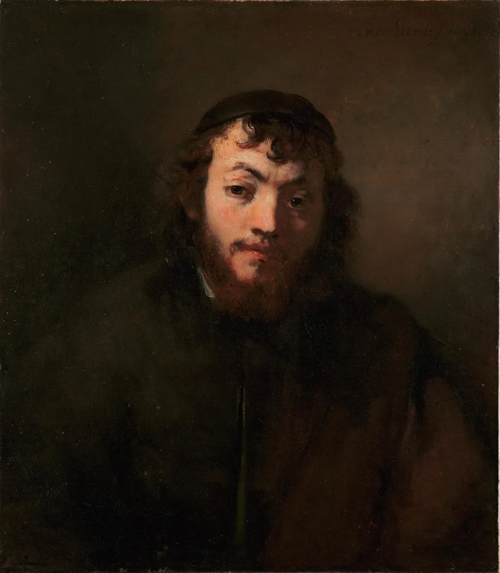 Portrait of a Young Man with Beard and Skullcap, by Rembrandt, oil, 1663
