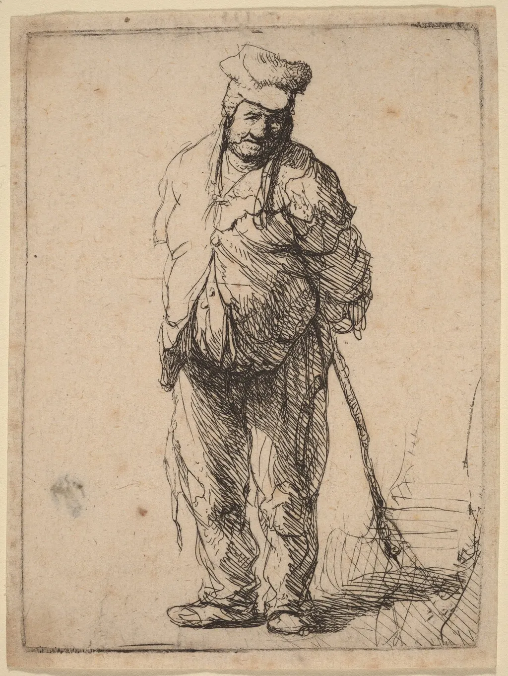 Ragged Peasant with His Hands behind Him, Holding a Stick, by Rembrandt, ink, 1630