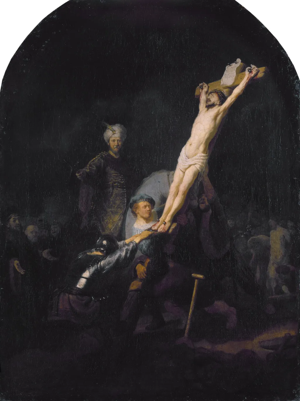 Raising of the Cross, by Rembrandt, oil, 1633