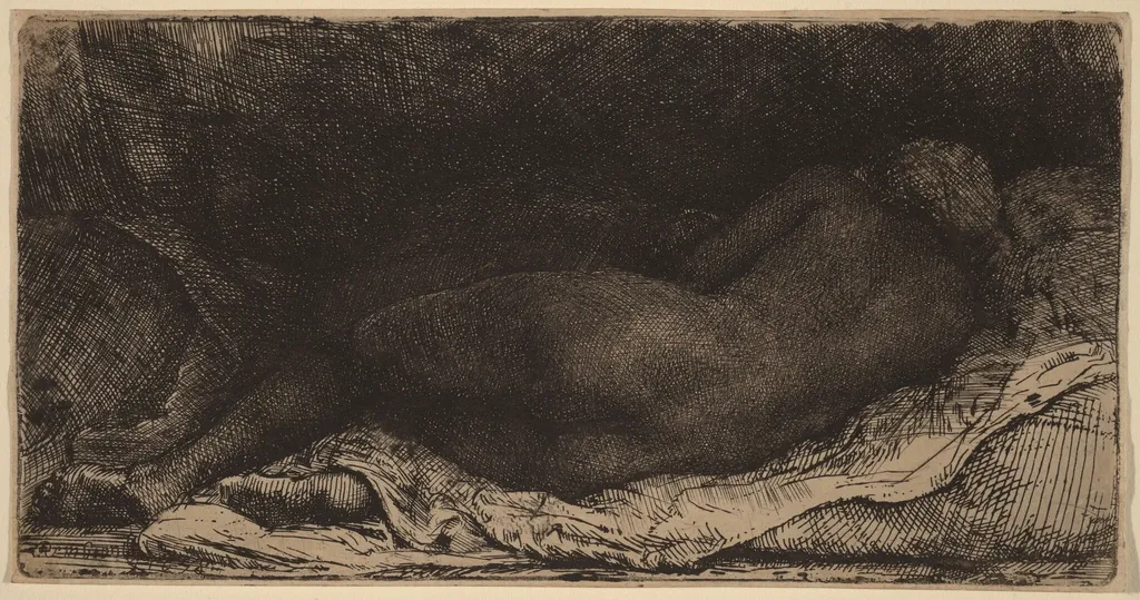 Reclining Female Nude, by Rembrandt, ink, 1658