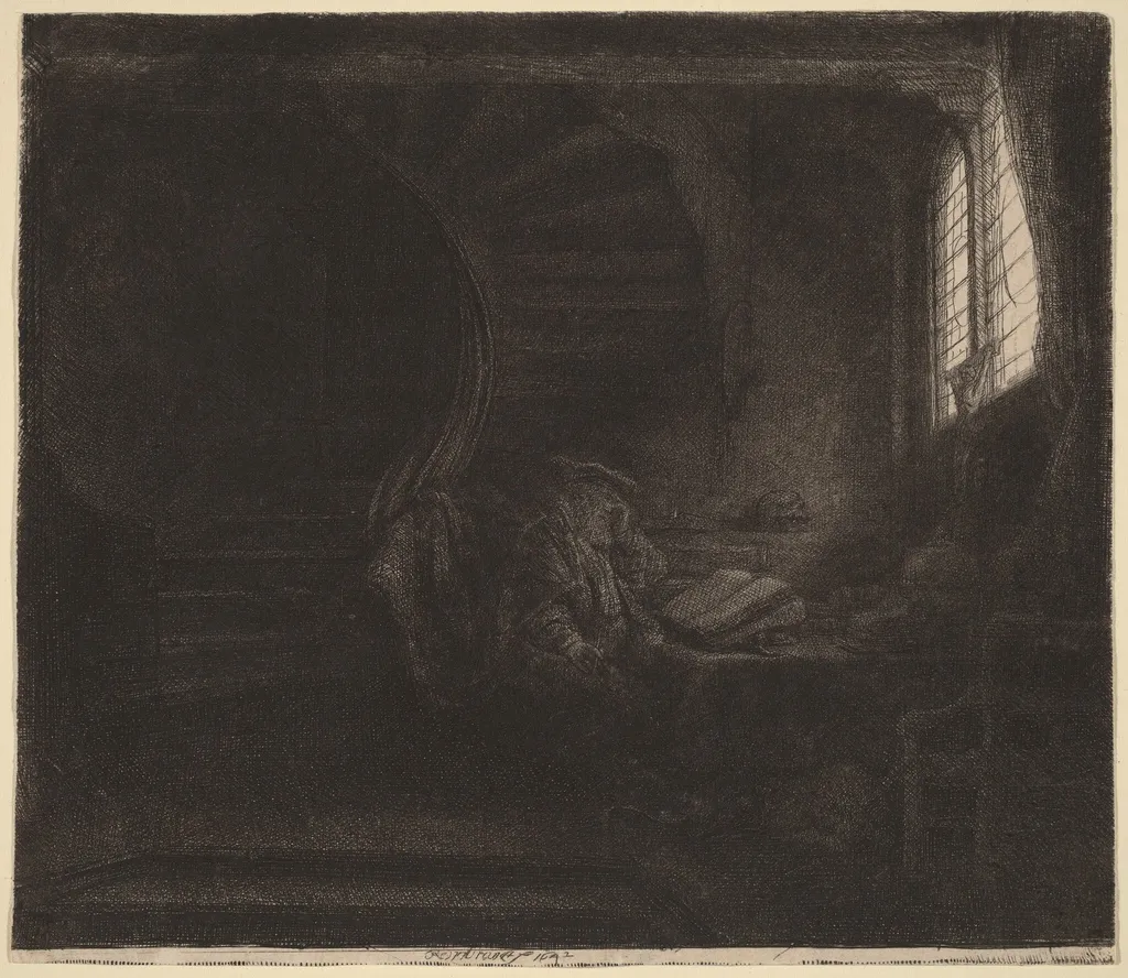 Saint Jerome in a Dark Chamber, by Rembrandt, ink, 1642