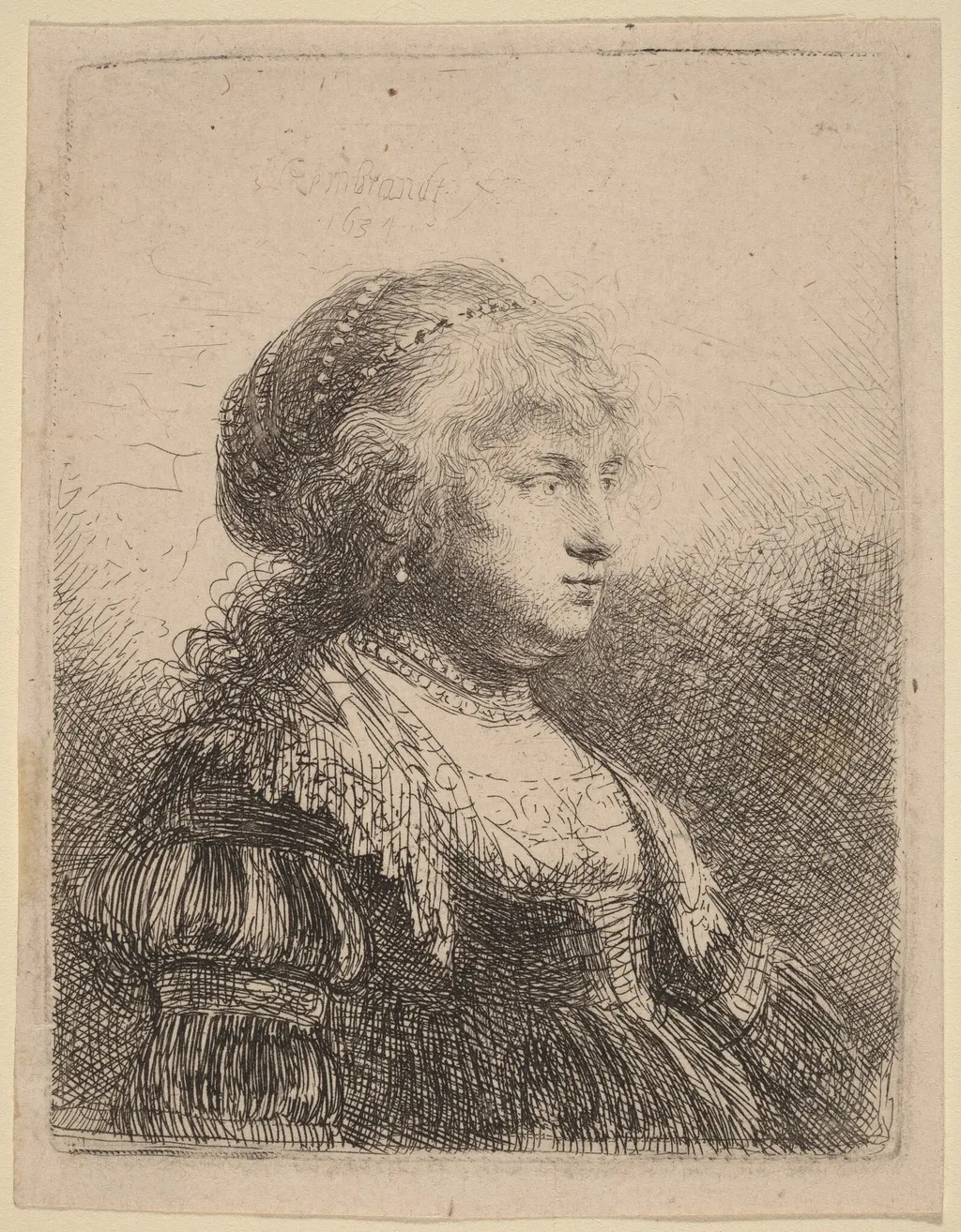 Saskia with Pearls in Her Hair, by Rembrandt, ink, 1634