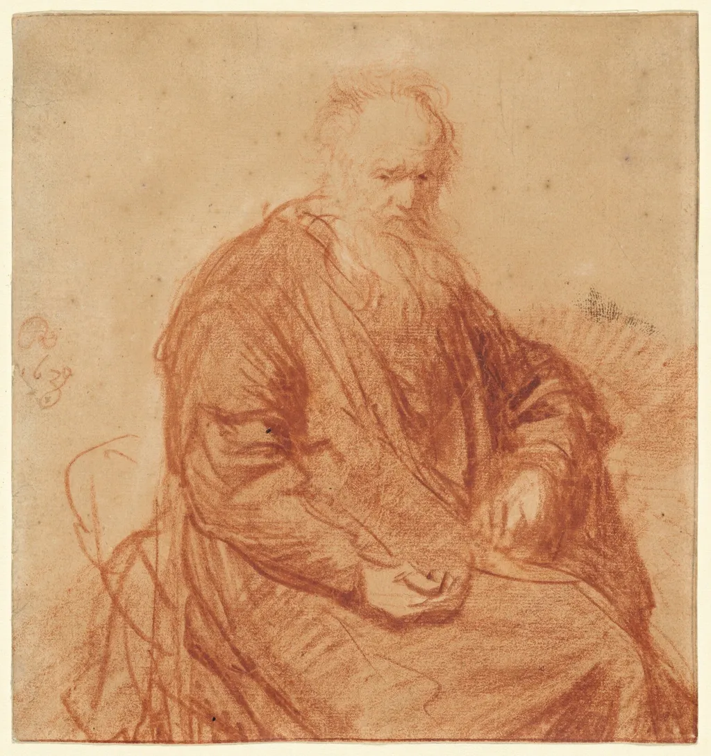 Seated Old Man, by Rembrandt, chalk, 1630