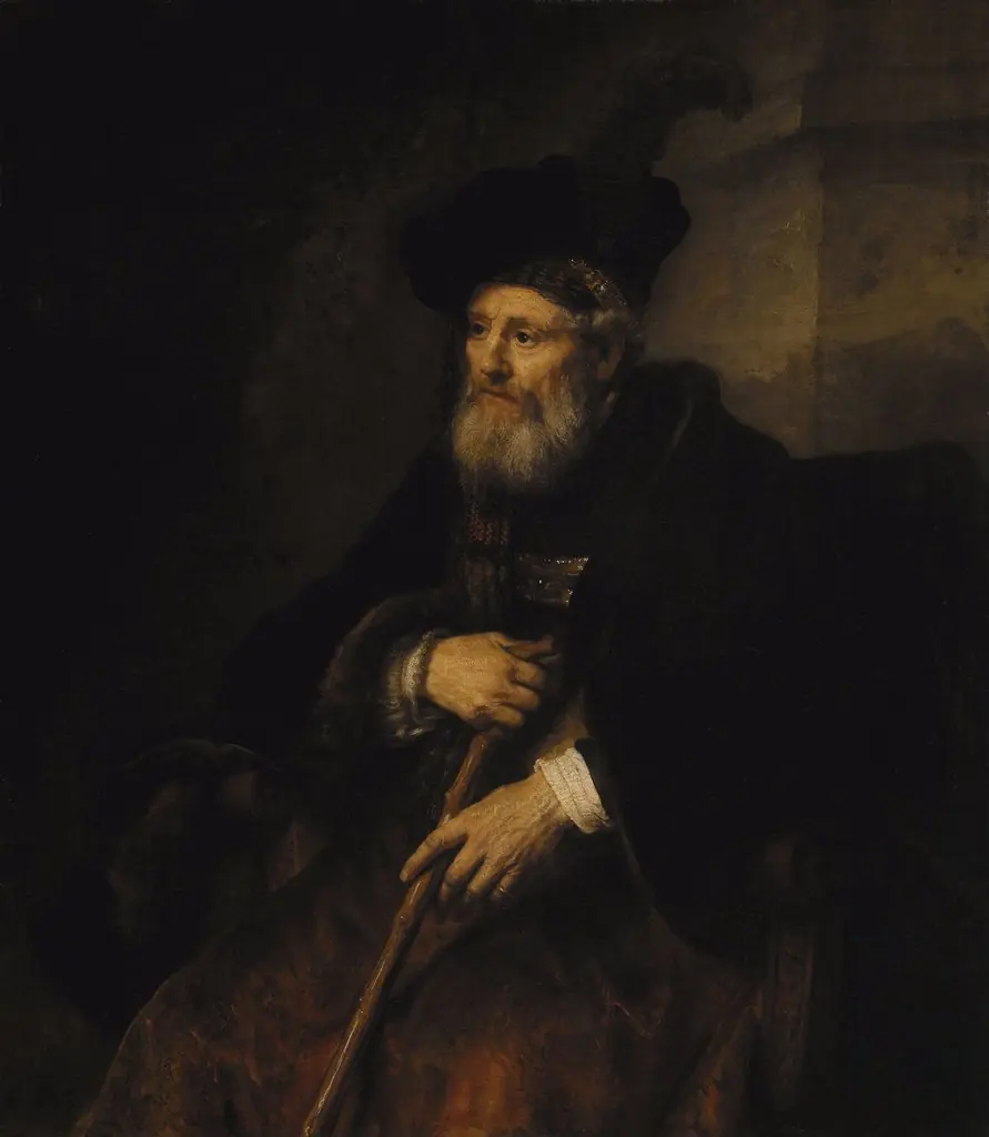 Seated old man with a cane in fanciful costume, by Rembrandt