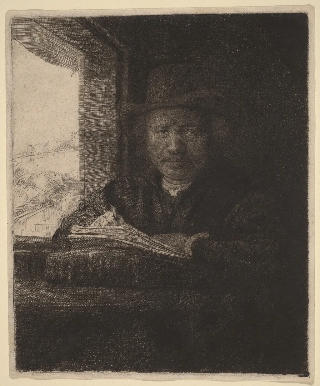 Self-Portrait Etching at a Window, by Rembrandt, ink, 1648