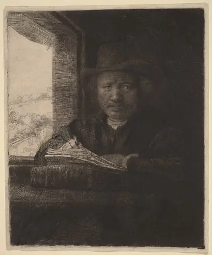 Self-Portrait Etching at a Window, by Rembrandt