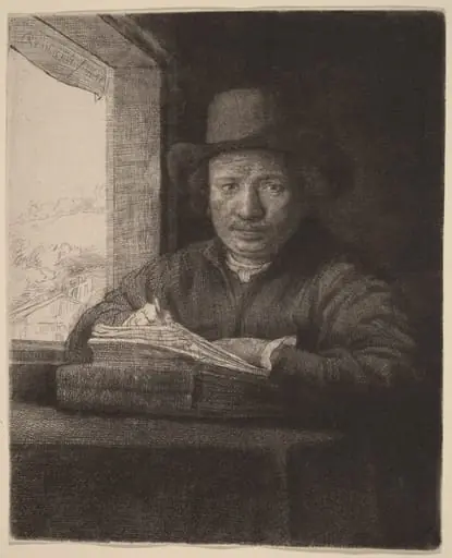 Self-Portrait Etching at a Window, by Rembrandt