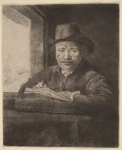 Self-Portrait Etching at a Window, by Rembrandt