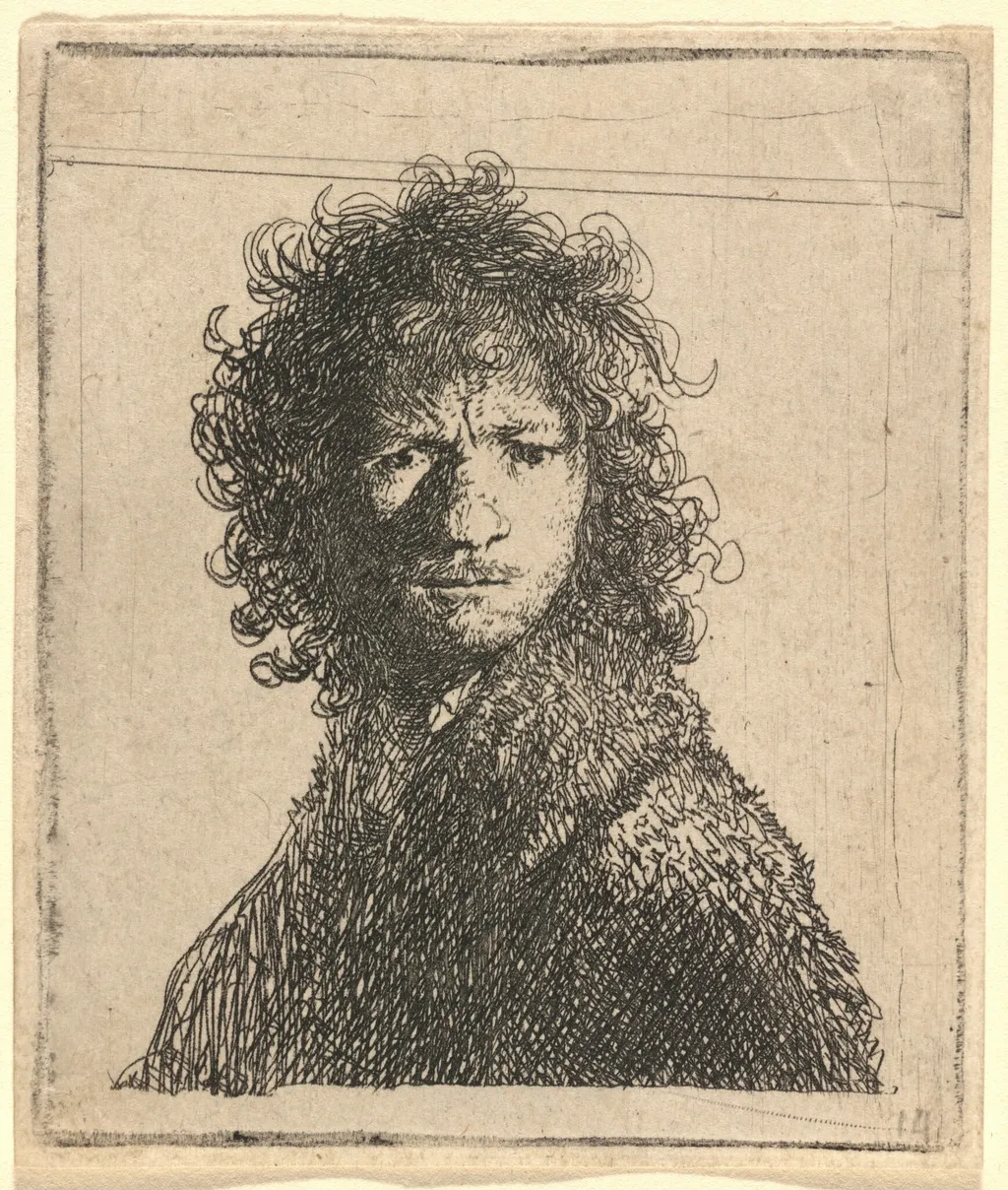 Self-Portrait, Frowning, by Rembrandt, ink, 1630