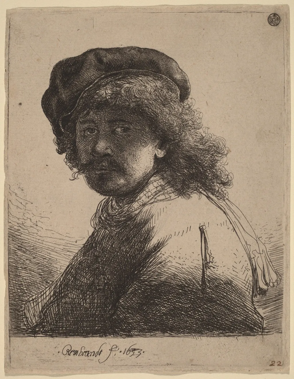 Self-Portrait in a Cap and Scarf with the Face Dark, by Rembrandt, ink, 1633