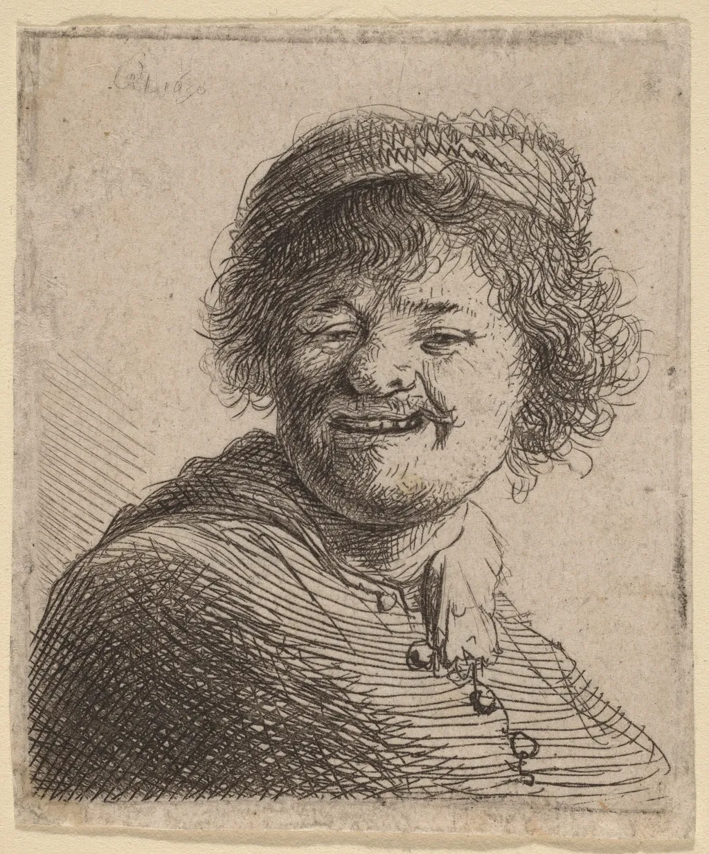 Self-Portrait in a Cap: Laughing, by Rembrandt, ink, 1630
