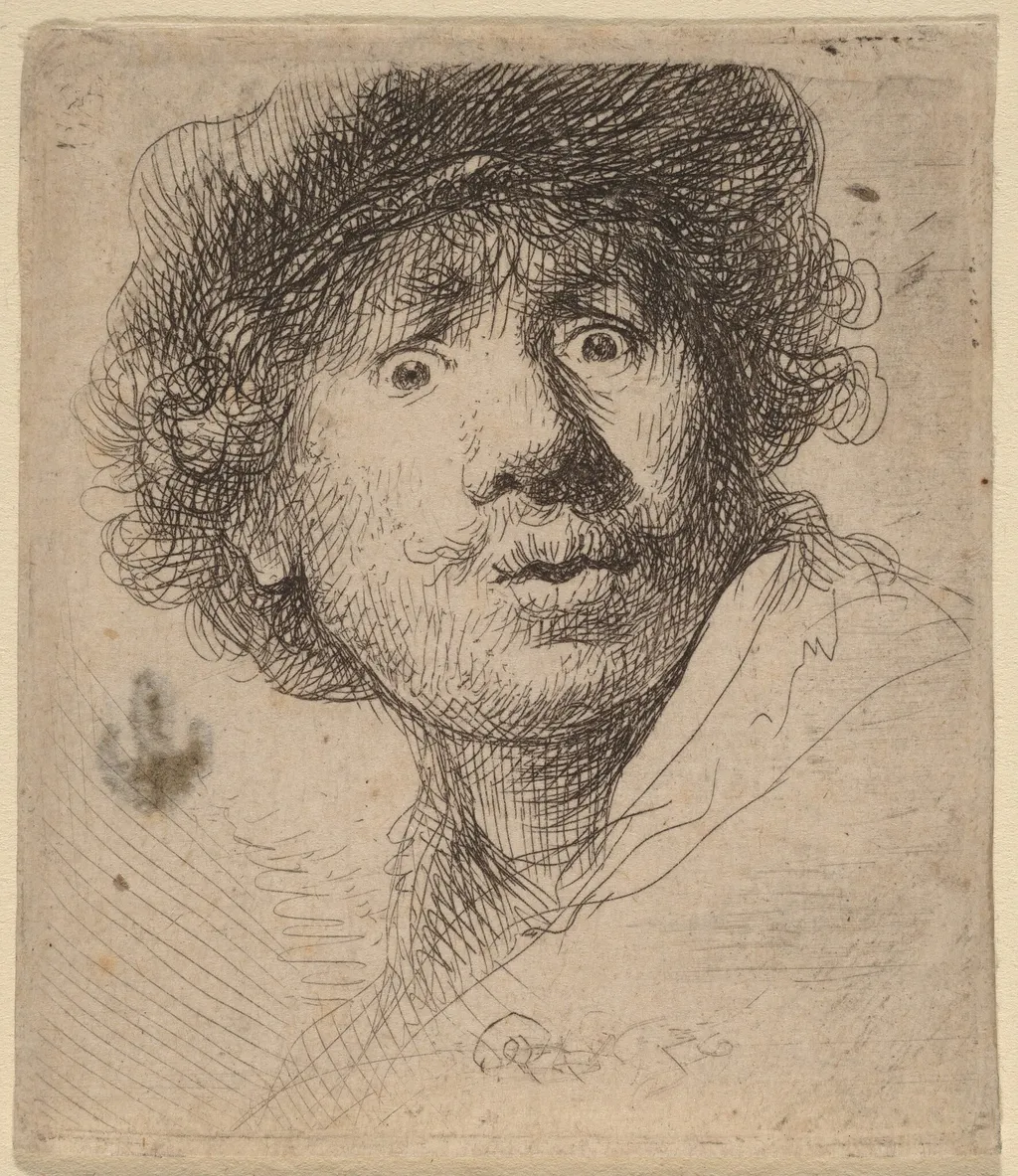 Self-Portrait in a Cap, Open-Mouthed, by Rembrandt, ink, 1630