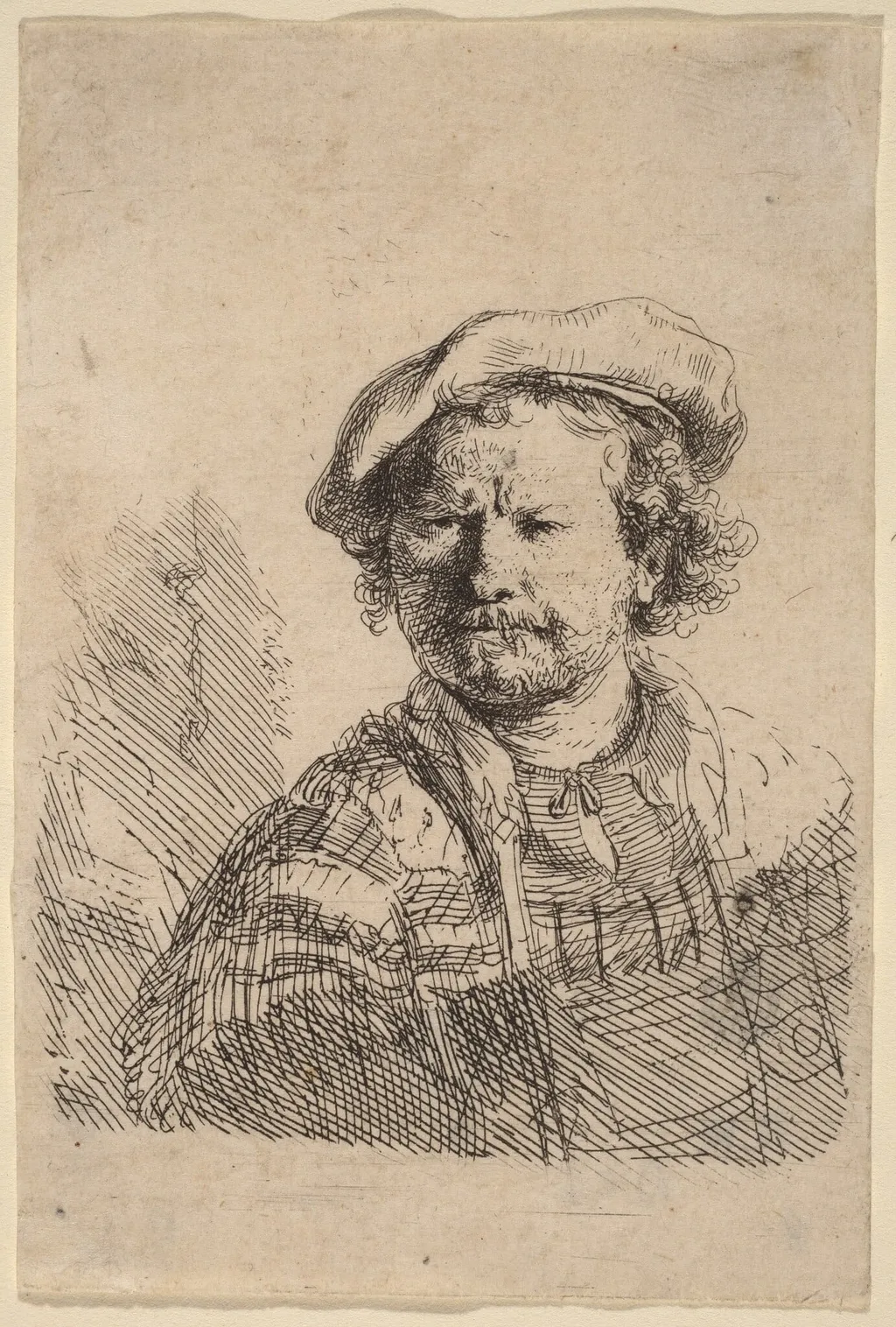Self-Portrait in a Flat Cap and Embroidered Dress, by Rembrandt, ink, 1642