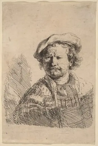 Self-Portrait in a Flat Cap and Embroidered Dress, by Rembrandt