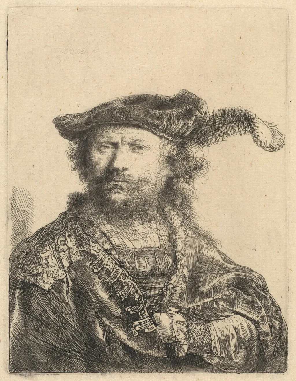 Self-Portrait in a Velvet Cap with Plume, by Rembrandt, ink, 1638