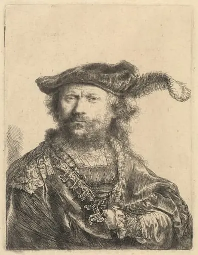 Self-Portrait in a Velvet Cap with Plume, by Rembrandt