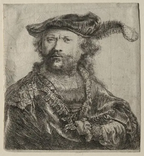 Self-Portrait in Velvet Cap with Plume, by Rembrandt