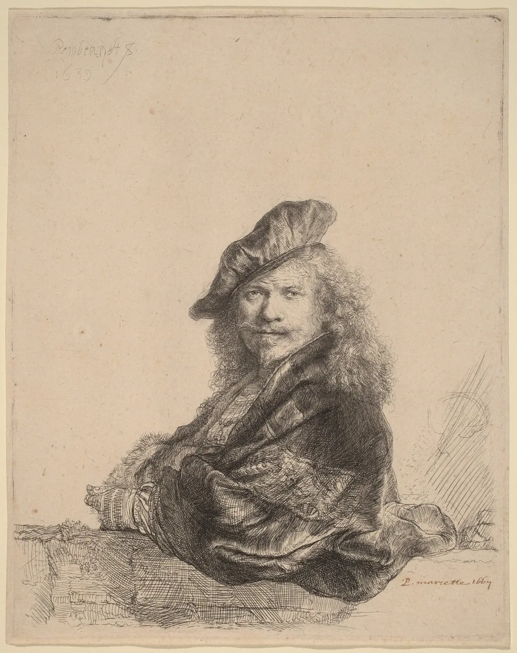 Self-Portrait Leaning on a Stone Sill, by Rembrandt, ink, 1639