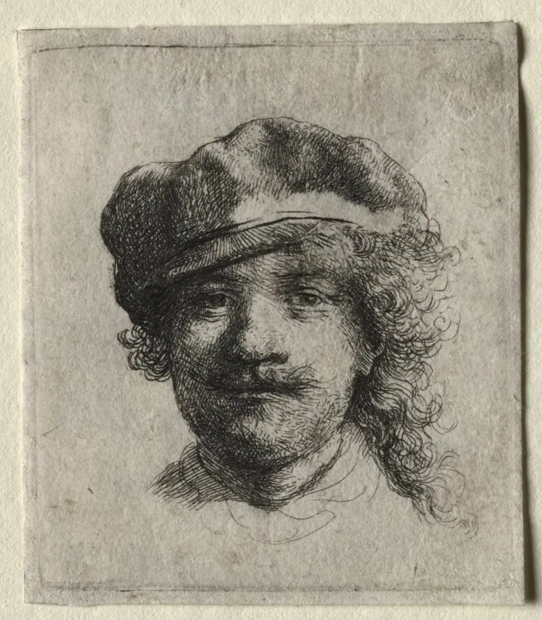 Self-Portrait Wearing a Soft Cap: Full Face, Head Only, by Rembrandt, 1634