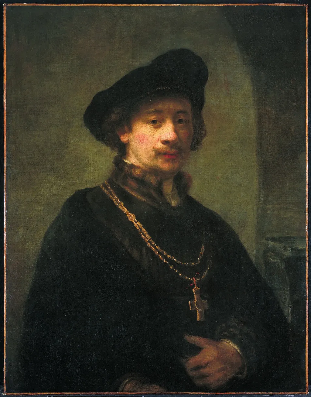 Self-portrait with beret, gold chain, and cross, by Rembrandt, oil, 1641