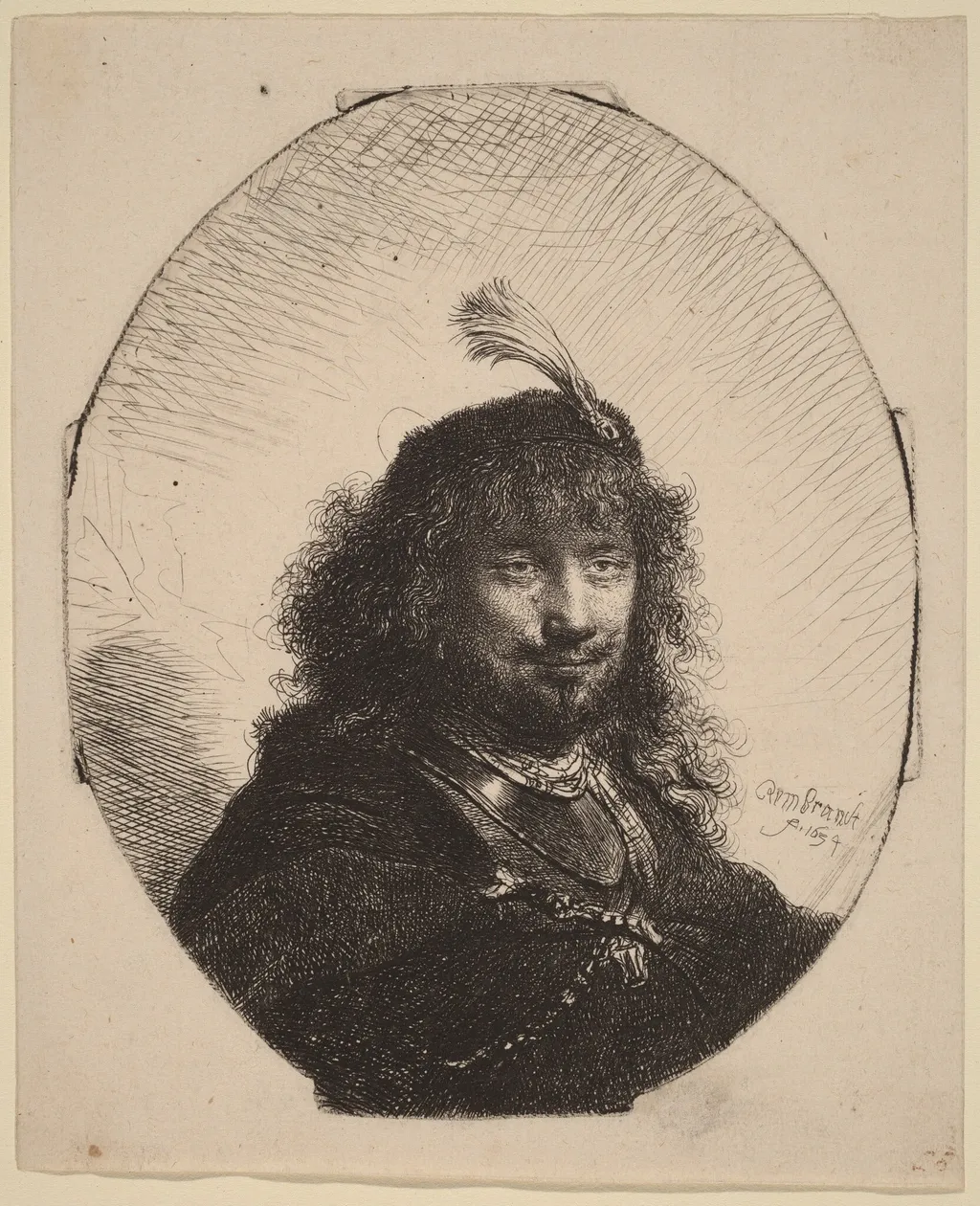 Self-Portrait (?) with Plumed Cap and Lowered Sabre, by Rembrandt, ink, 1634