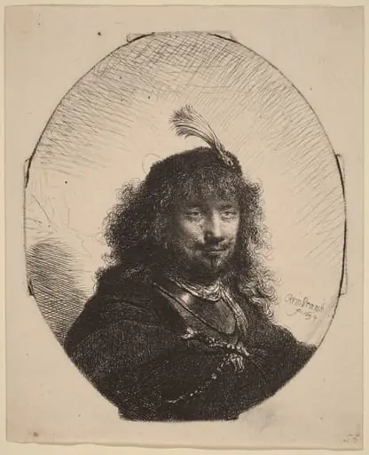 Self-Portrait (?) with Plumed Cap and Lowered Sabre, by Rembrandt