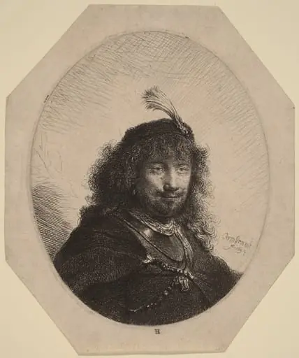Self-Portrait (?) with Plumed Cap and Lowered Sabre, by Rembrandt