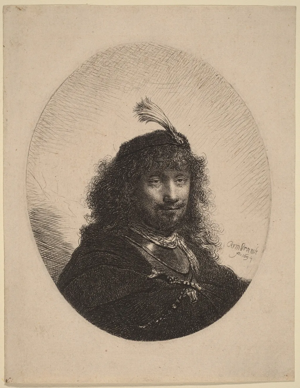 Self-Portrait (?) with Plumed Cap and Lowered Sabre, by Rembrandt, ink, 1634