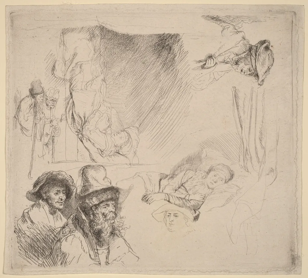 Sheet of Studies including a Woman Lying Ill in Bed, by Rembrandt, ink, 1642