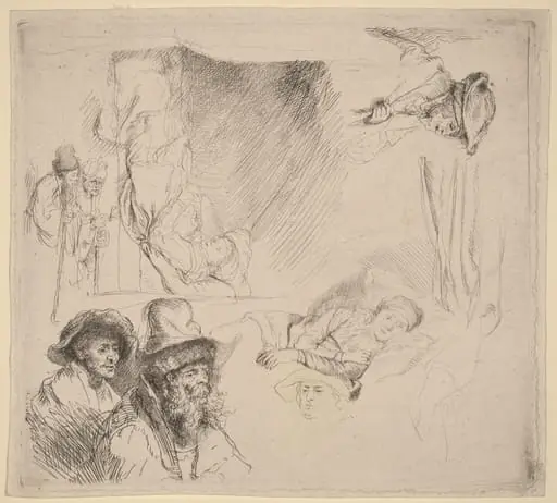 Sheet of Studies including a Woman Lying Ill in Bed, by Rembrandt