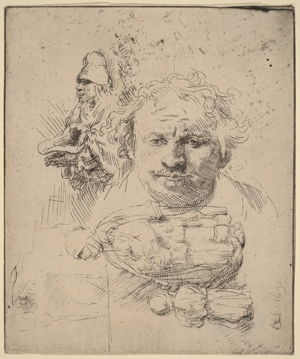 Sheet of Studies with the Head of the Artist, a Beggar Man, and Woman and Child, by Rembrandt, ink, 1651