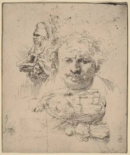 Sheet of Studies with the Head of the Artist, a Beggar Man, and Woman and Child, by Rembrandt