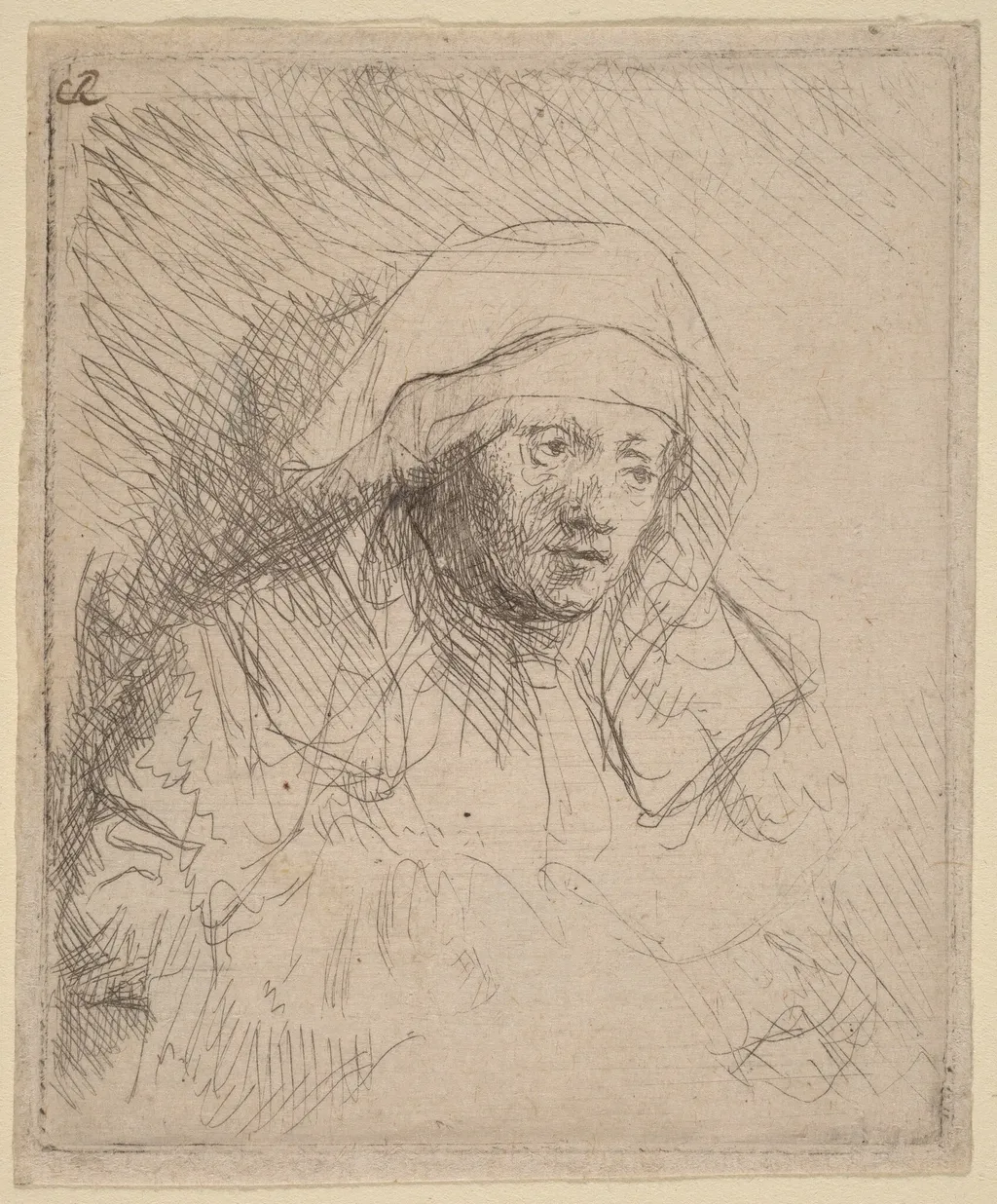 Sick Woman with a Large White Headdress (Saskia), by Rembrandt, ink, 1642