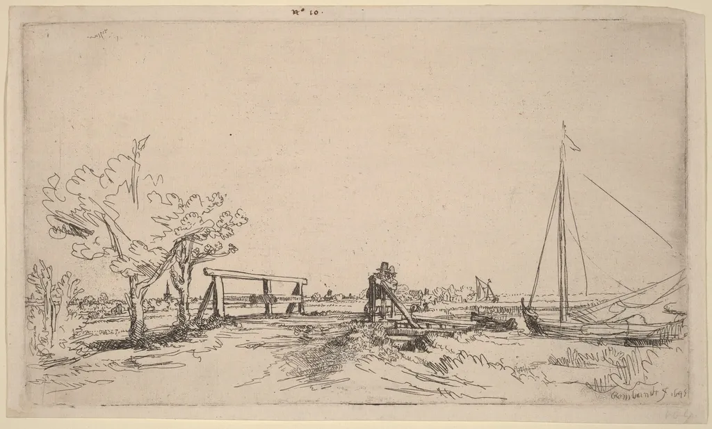 Six's Bridge, by Rembrandt, ink, 1645