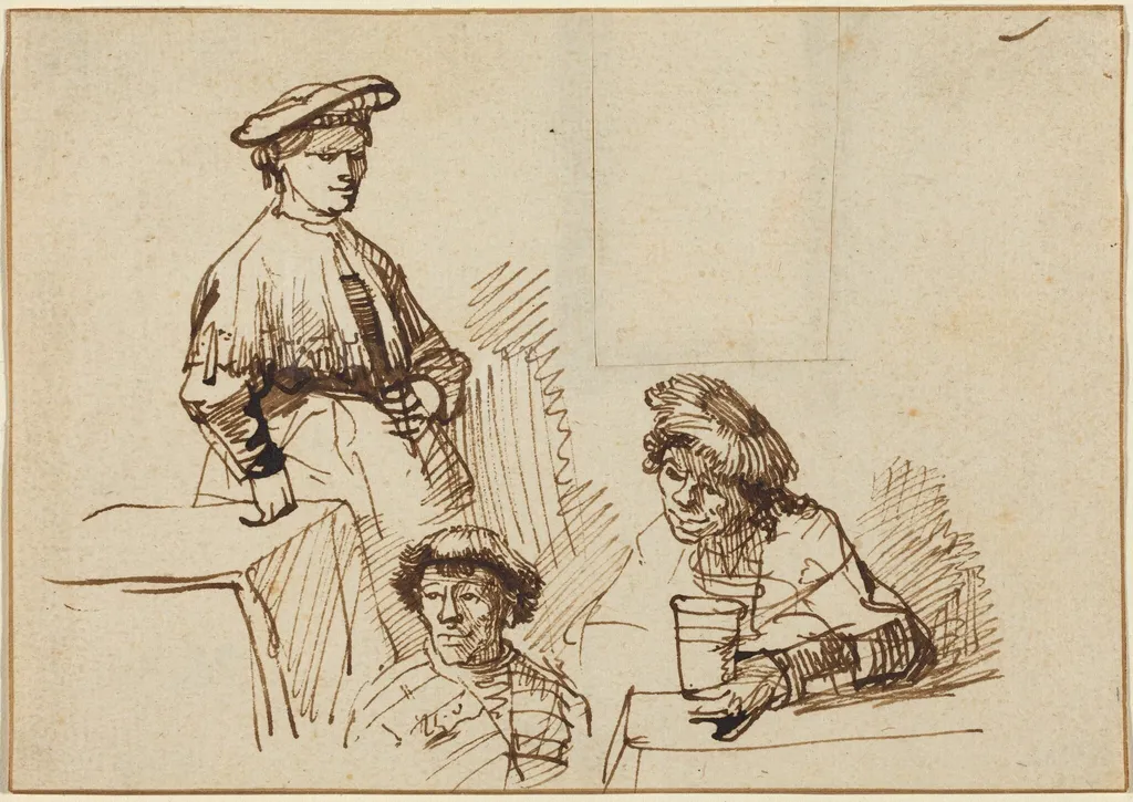 Sketches from a Tavern: Woman Standing and Two Men Seated, by Rembrandt, ink, 1638