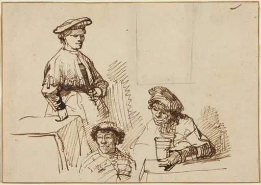Sketches from a Tavern: Woman Standing and Two Men Seated, by Rembrandt