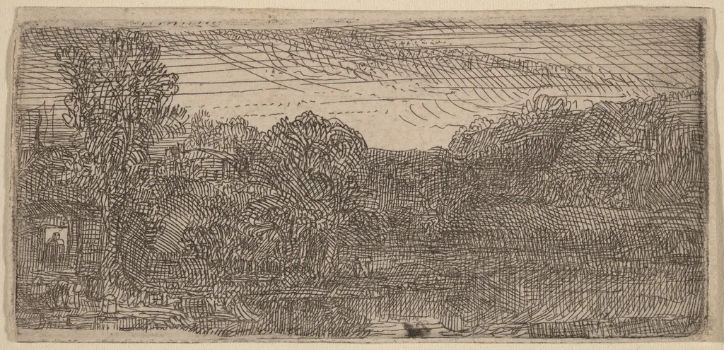 Small Gray Landscape: a House and Trees beside a Pool, by Rembrandt, ink, 1640
