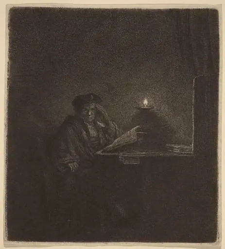 Student at a Table by Candlelight, by Rembrandt
