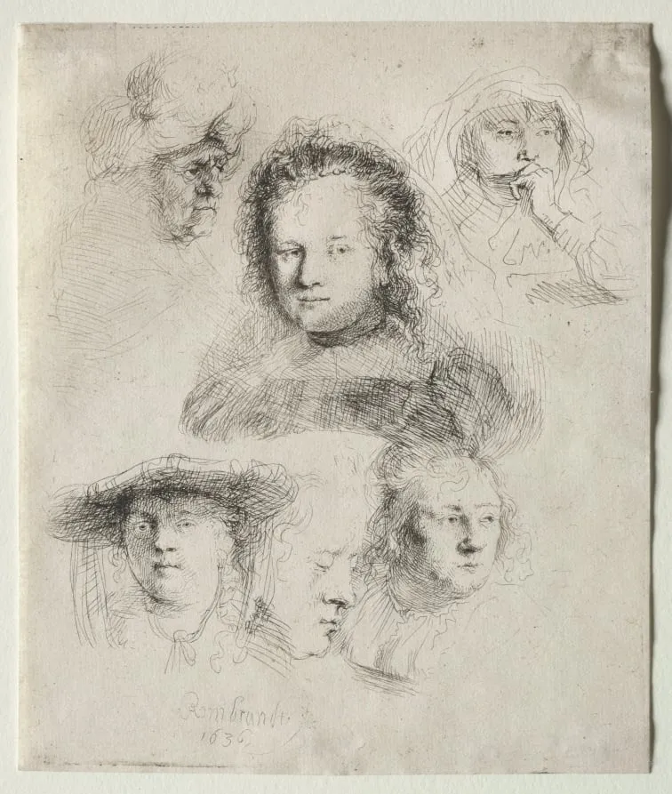 Studies of the Head of Saskia and Others, by Rembrandt, 1636
