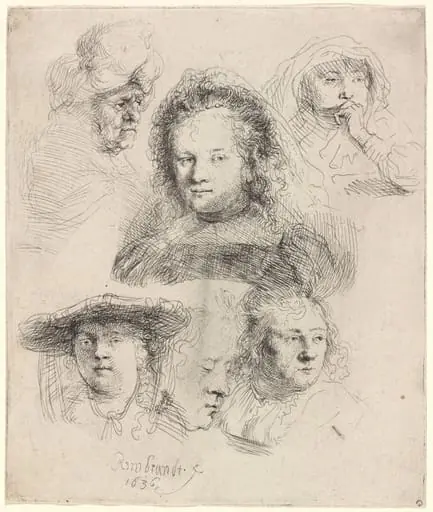 Studies of the Head of Saskia and Others, by Rembrandt