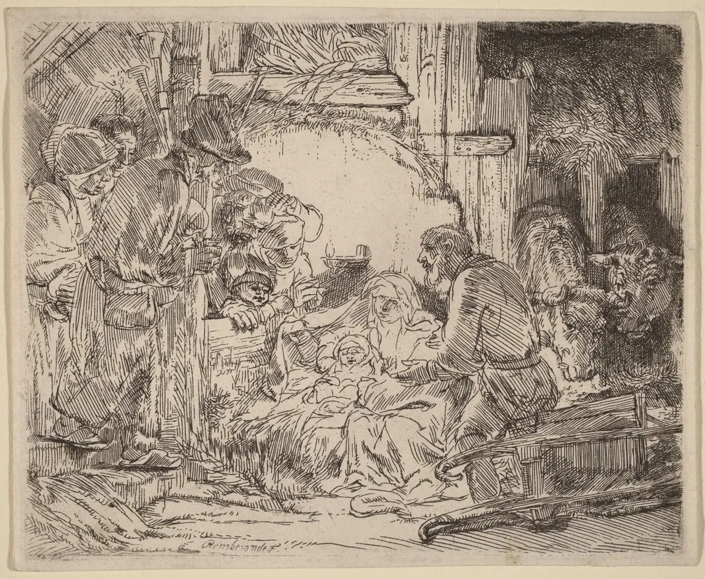 The Adoration of the Shepherds: with the Lamp, by Rembrandt, ink, 1654