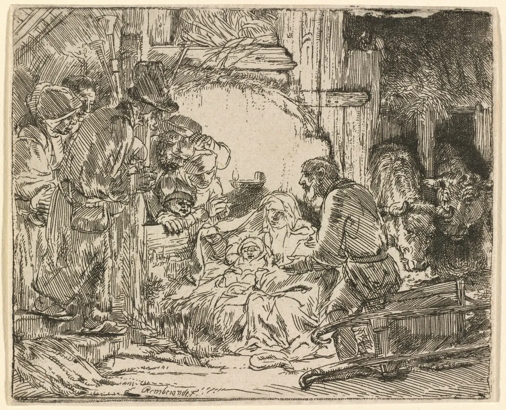 The Adoration of the Shepherds: with the Lamp, by Rembrandt, ink, 1654
