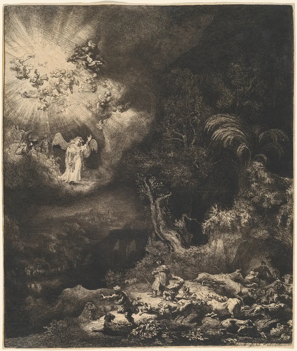 The Angel Appearing to the Shepherds, by Rembrandt, ink, 1634