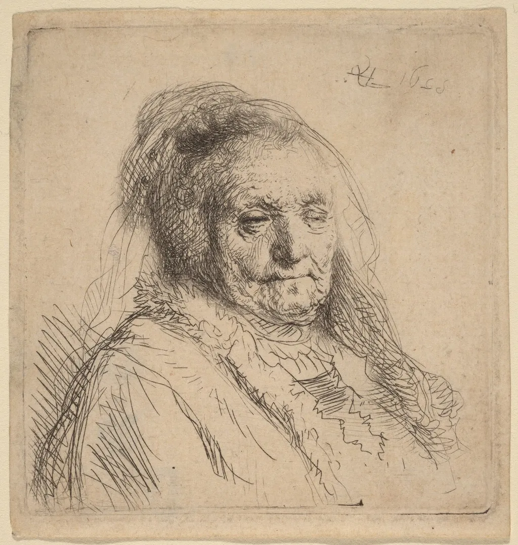 The Artist's Mother, Head and Bust, by Rembrandt, ink, 1628