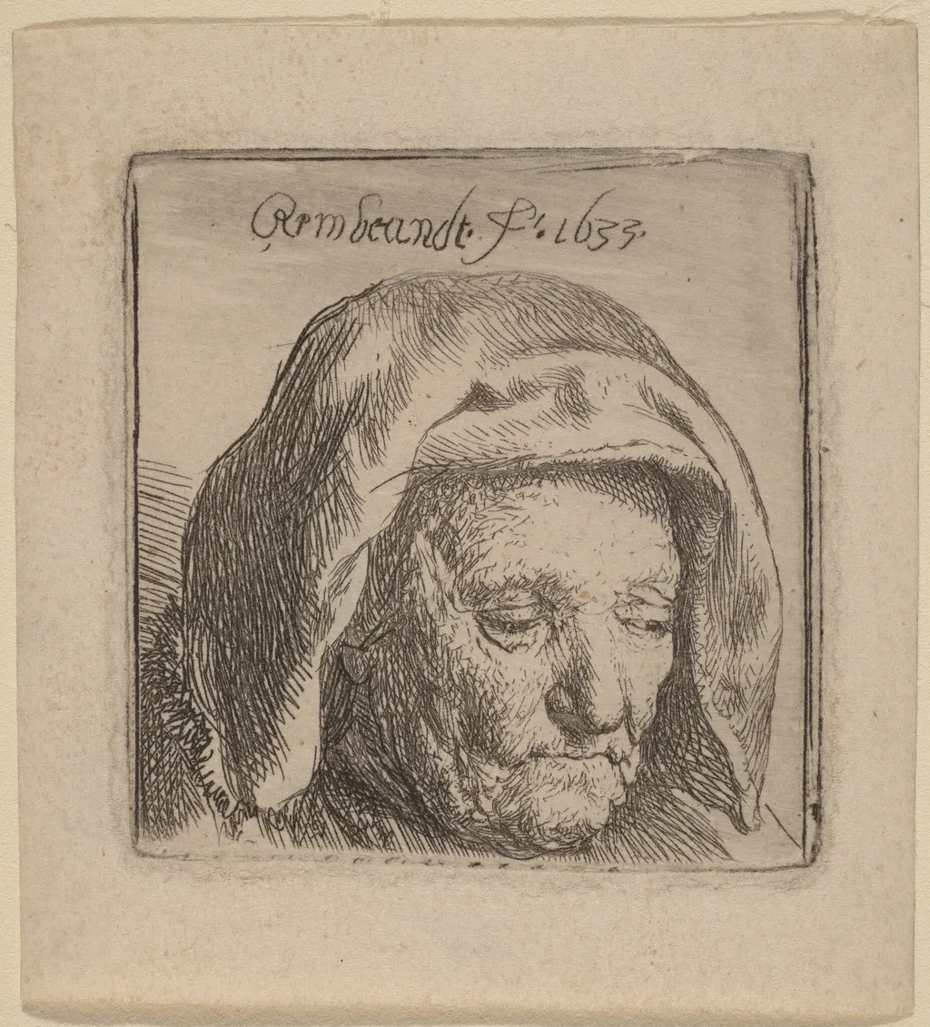 The Artist's Mother in a Cloth Headdress, Looking Down, by Rembrandt, ink, 1633
